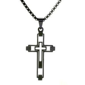 Black Stainless Steel Cross Necklace - 24” Box Chain 2” Cutout Pendant
